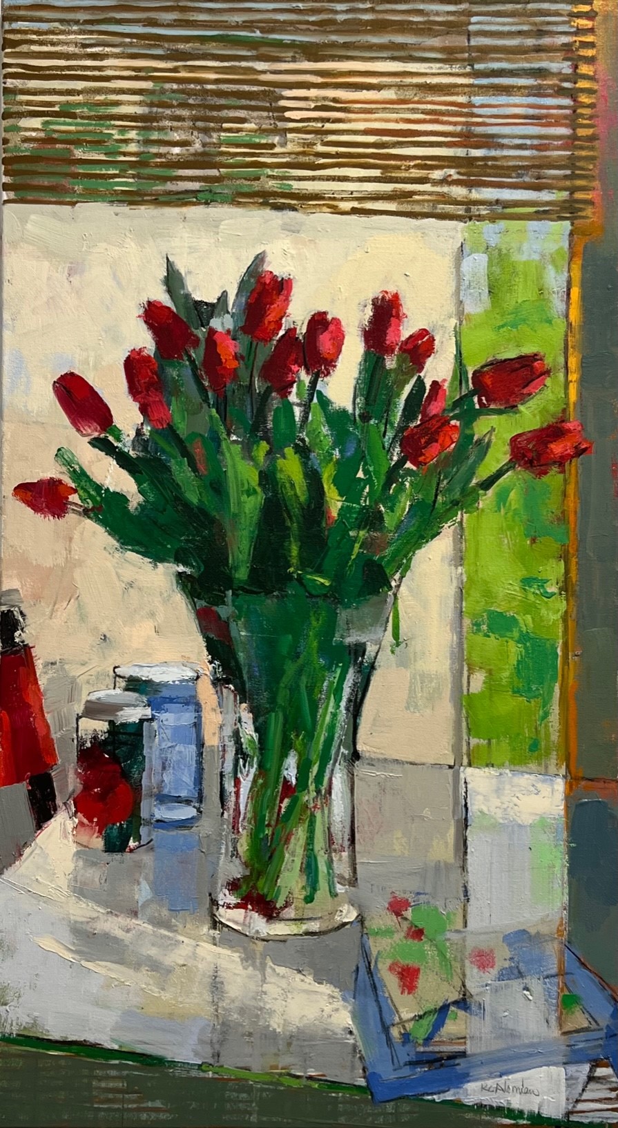 Red Tulips and Bamboo Shade
